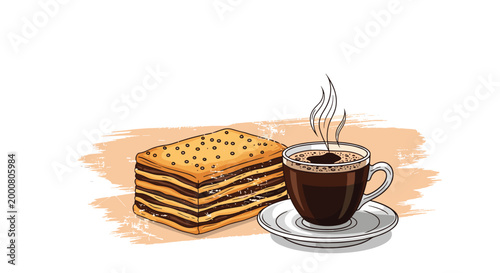 Cozy illustration of a steaming cup of black coffee on a saucer next to a large slice of delicious chocolate layer cake.