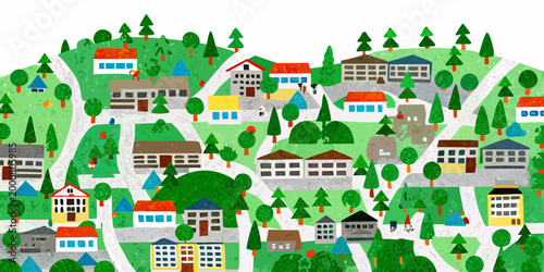 illustration of colorful houses and trees on green hills high quality professional detailed modern elegant