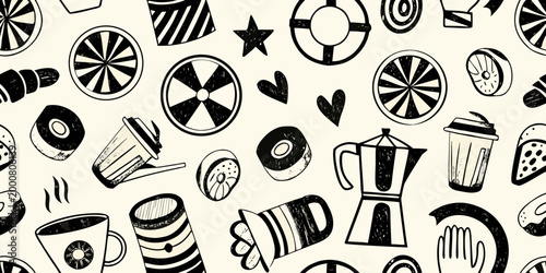 coffee themed doodle pattern with cups mugs and pastries on cream background high quality professional