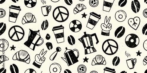 coffee themed doodle pattern with cups beans peace signs and pastries high quality professional detailed
