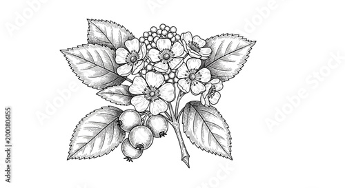 Botanical line art illustration of a rowan tree branch featuring detailed leaves, clusters of flowers, and ripe berries.