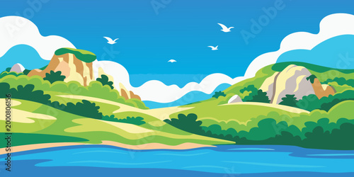 vector illustration of tranquil natural landscape with rolling hills and blue sky high quality professional