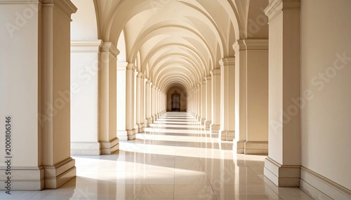 Elegant Arched Corridor with Sunlight and Shadows.