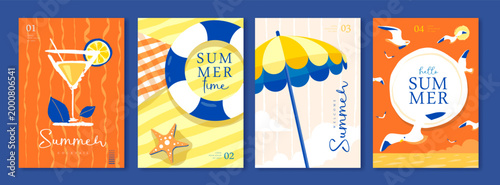 Set of summer Italian posters or covers with cocktail silhouette, beach umbrella, seagull and swim ring on the beach. Vector illustration