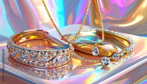 Elegant Gold Jewelry with Diamonds on Iridescent Surface.