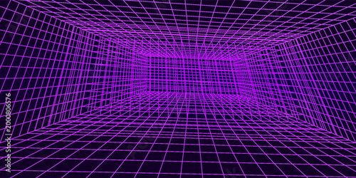 Glowing neon wireframe background. Purple shining checkered grid planes in perspective. Bright retro futuristic horizon wallpaper. Arcade game sci fi matrix surface. Vector backdrop for poster, banner