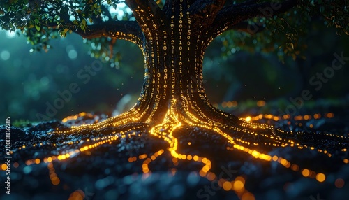 Enchanted Tree of Light with Glowing Roots in Mystical Forest.
