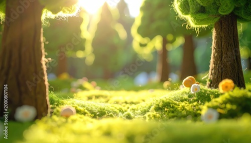 Enchanting Forest Clearing Bathed in Golden Sunlight.