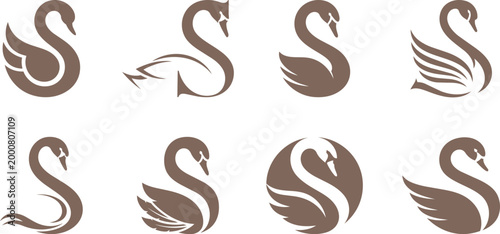 Logo of a swan shaped into the letter S, upright elegant posture clipart collection, different variations, elongated neck and sweeping body, flat vector style.