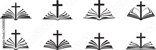Christian cross superimposed over an open book  collection, different shapes, enclosed within a thin circular border vector flat illustration.