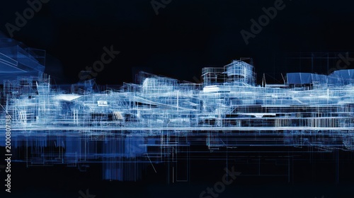 Digital city sketch, architectural wireframe, urban design. Possible use stock photo, illustration, graphic design, concept art