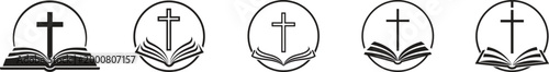 Christian cross superimposed over an open book  collection, different shapes, enclosed within a thin circular border vector flat illustration. 