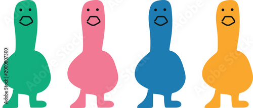 A vibrant collection of four abstract funny bird characters rendered in a flat vector style. Each bird features a unique bright color and a playful simplistic design suitable for children educational