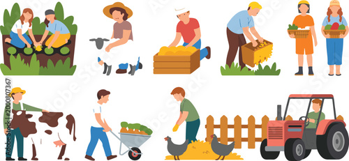 Farm life people vector farmers with animals harvesting season woman feeding chickens couple with basket tractor agriculture illustration