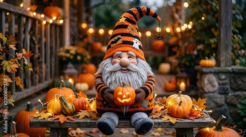Adorable Halloween Gnome Holding Pumpkin Festive Joyful Generative AI