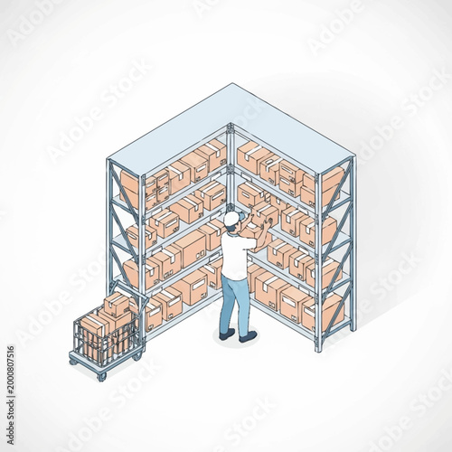 Warehouse worker organizing boxes on shelves with a trolley.