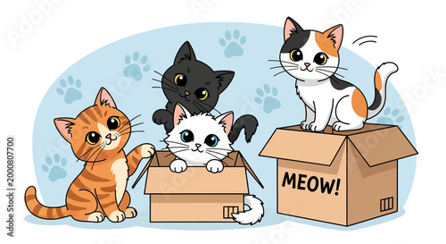 Cute Cartoon Kittens Playing with Cardboard Boxes