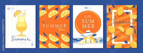 Set of summer Italian posters or covers with cocktail silhouette, lemons, swimming pool and woman on the beach. Vector illustration