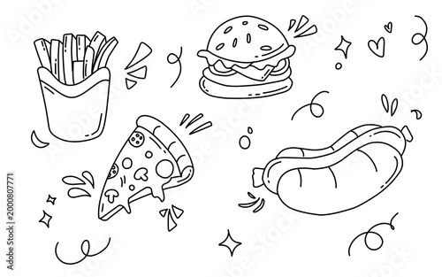 A doodle-style vector illustration of fast food icons featuring french fries, a burger, pizza, and a hot dog.