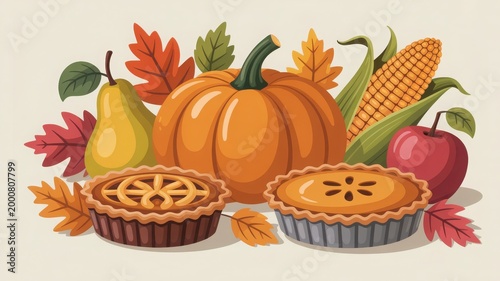 Colorful autumn harvest display featuring pumpkins, corn, and seasonal decorations