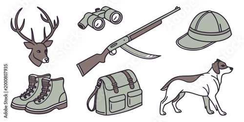 Foto Hunting equipment icons collection featuring rifle binoculars deer head and dog