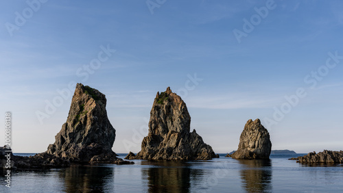 Calm Sea and Rugged Rock Formations at Omijima Island in Yamaguchi Japan