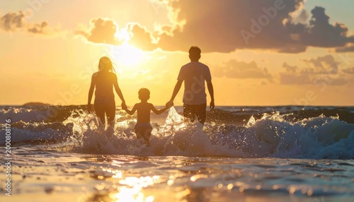 Family Walking into the Ocean at Sunset Holding Hands.