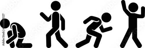 Adobe Illustrator Artworkstickman activity poses people silhouette icon set, human actions running jumping walking icon collection, simple stickman movement silhouette vector set