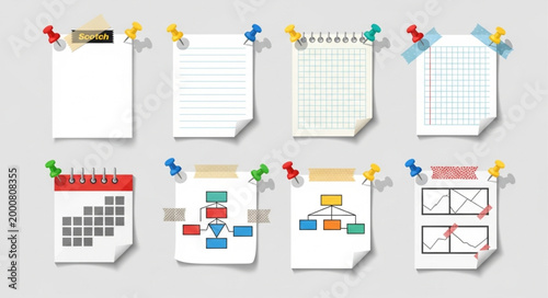 Sticky notes with colorful pins.