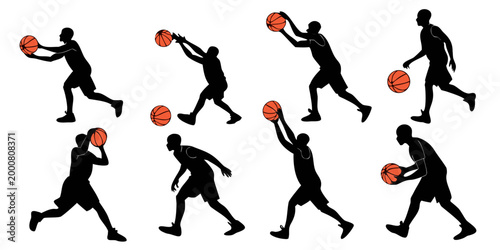 Tableau sur toile Collection of basketball player silhouettes showing different game maneuvers suc