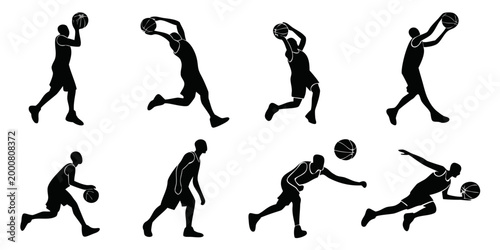 Eight distinct silhouettes of basketball players performing high energy moves such as layups low dribbles reach shots isolated in black and white for graphic design with basketball, silhouette