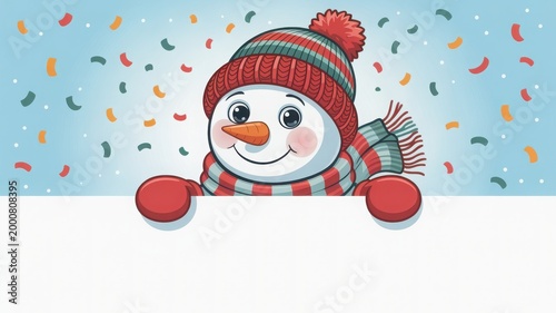 Cheerful snowman with a festive red hat and scarf against a winter wonderland backdrop