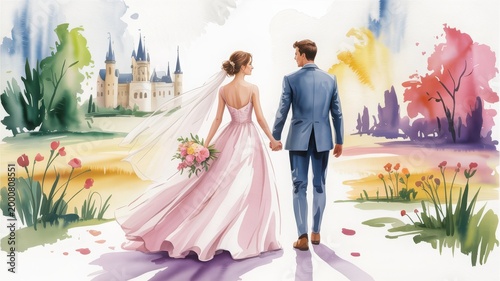 A joyful wedding ceremony amidst a blooming garden landscape under a clear sky