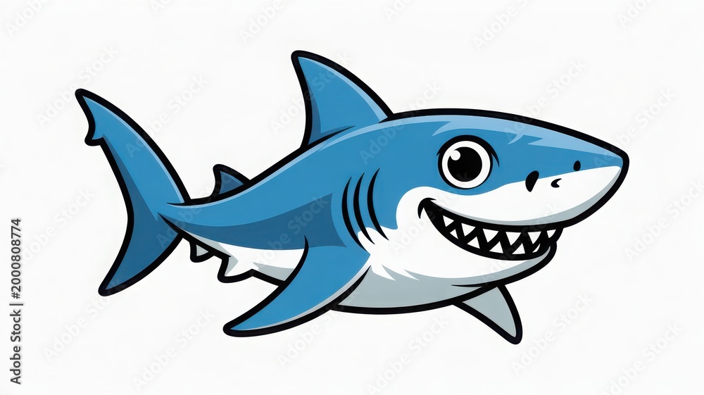 Obraz premium A cartoon depiction of a smiling shark with sharp teeth swimming in the ocean