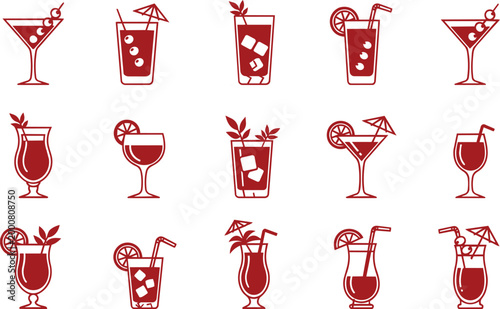 Cocktail glasses icon silhouettes collection, wine glasses, and tropical cocktails, glass filled with a beverage different variations.