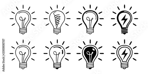 Set of light bulb icons with filament and energy symbol outlines lightbulb innovation electricity creativity solution inspiration thinking filament business knowledge illustration electric