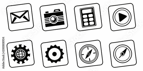 Set of black and white line art vector icons for mobile apps and web design mail camera calculator play settings compass symbols in rounded squares with user interface icon set technology settings