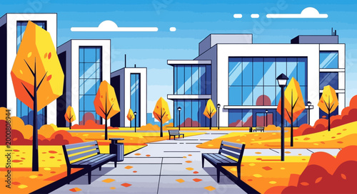 Modern Office Campus Park in Autumn Season