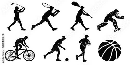 Collection of black sport silhouettes including baseball cricket cycling and basketball with silhouettes athletes baseball basketball activity exercise training competition wellness isolated