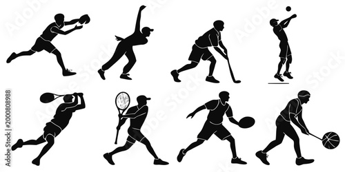 Detailed black silhouette collection of athletes in diverse athletic poses and sports disciplines with athletes silhouettes activity movement exercise competition basketball training wellness
