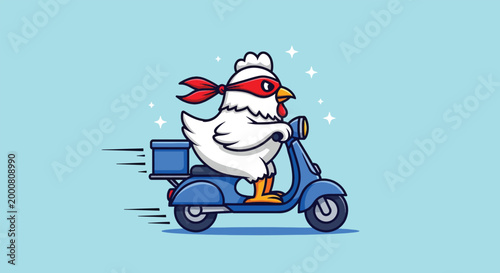 Obraz na plátně Cute Cartoon Chicken Superhero Riding Blue Scooter for Food Delivery