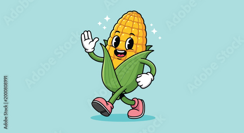Cute cartoon corn character walking and waving friendly hand gesture illustration.