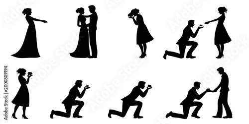 Collection of marriage proposal silhouettes showing a man kneeling to offer an engagement ring to a surprised woman for wedding and romance concepts with proposal marriage engagement silhouette