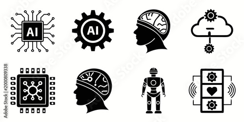 Artificial intelligence and robotics technology icons set with machine learning deep learning neural network digital transformation robotics technology processor computation innovation