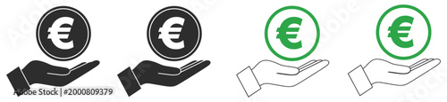 Euro money hand icon collection, hand holding coin symbols for finance, currency exchange, investment, and banking concepts, simple modern vector illustration for economic and financial design.