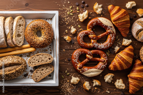 Assorted fresh bakery items including pretzels, croissants, bagel, sourdough bread and breadsticks on a rustic dark wooden table, top view