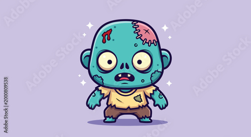 Cute Cartoon Zombie Character with Stitches and Tattered Clothes on Purple Background.