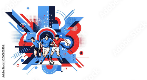 Soccer players in match action on geometric abstract background. Active men playing football with ball. Competitive sports illustration for championship event branding and design.