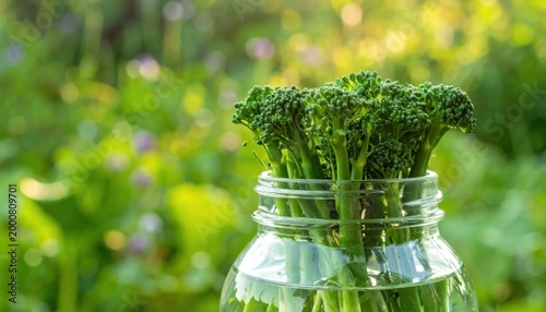 Fresh Broccoli Florets in a Jar with Blurred Green Garden Background.