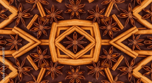 Cinnamon sticks and star anise spice pattern background